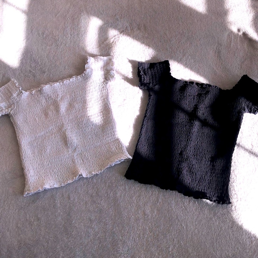 2 Black & White Off Shoulder Rib-Knit Crop Tops